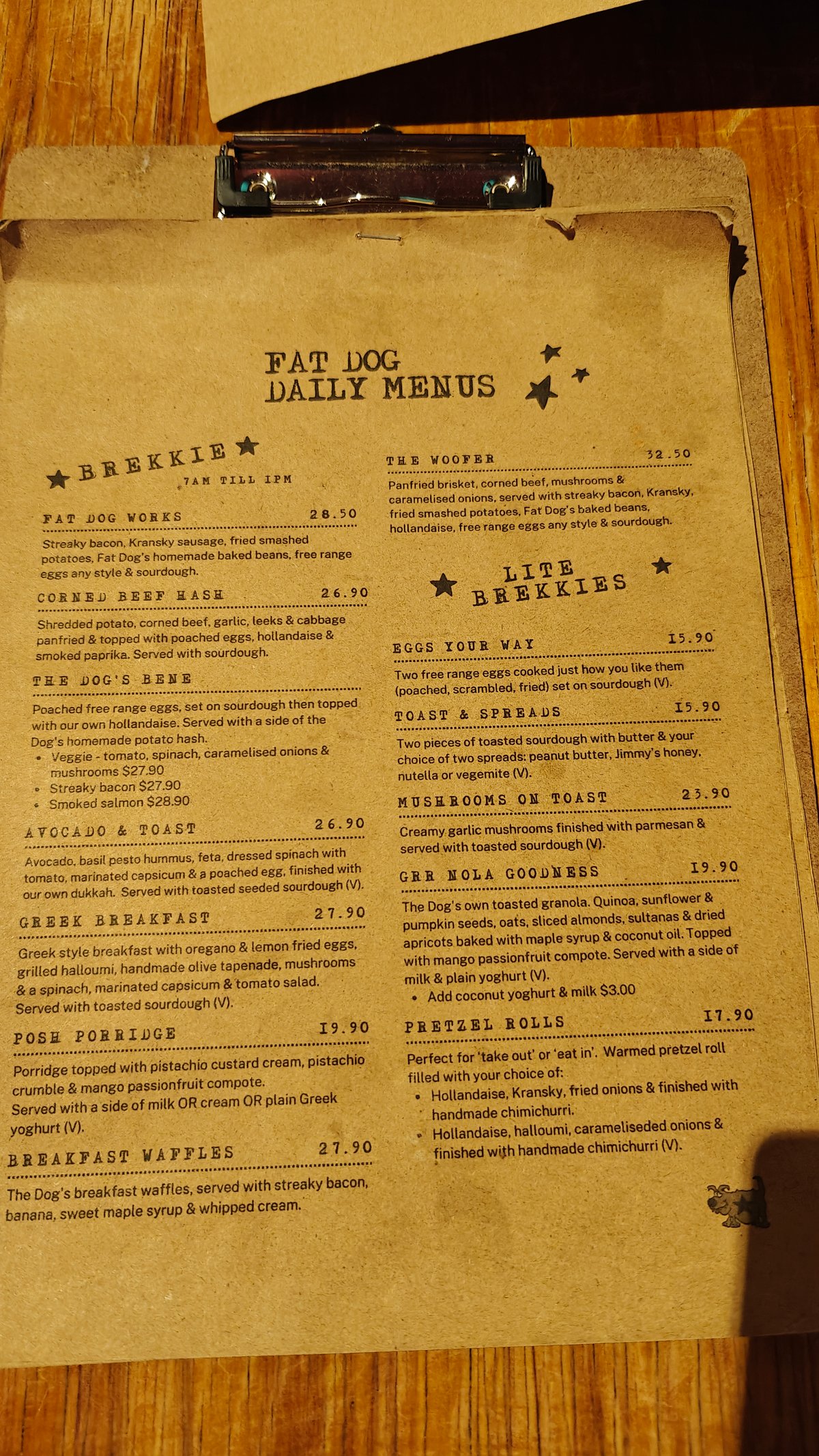 Fat Dog menu on clipboard