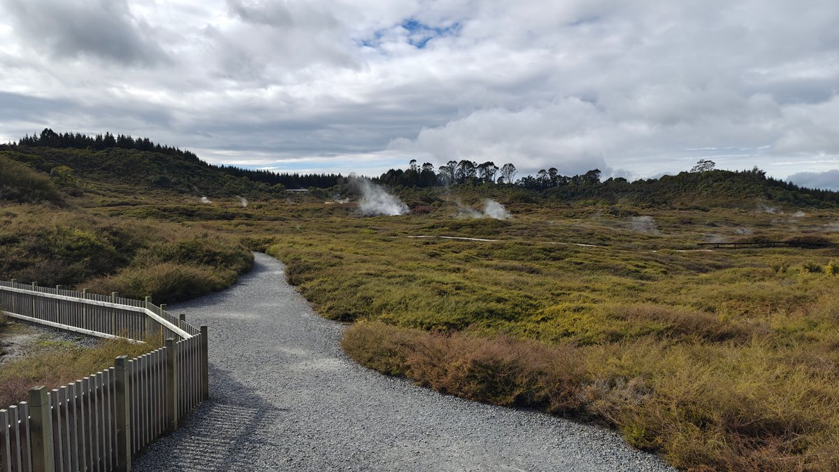 Fenced path beside steaming ground