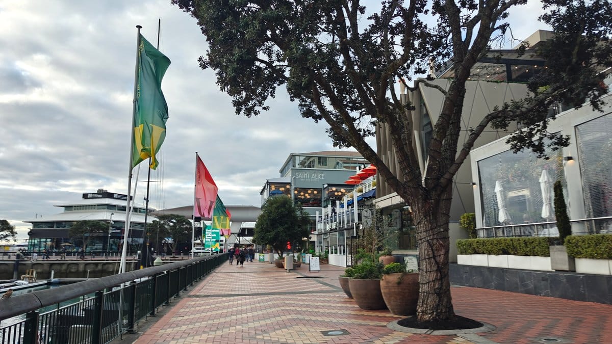 Flags, trees and planters along promenade