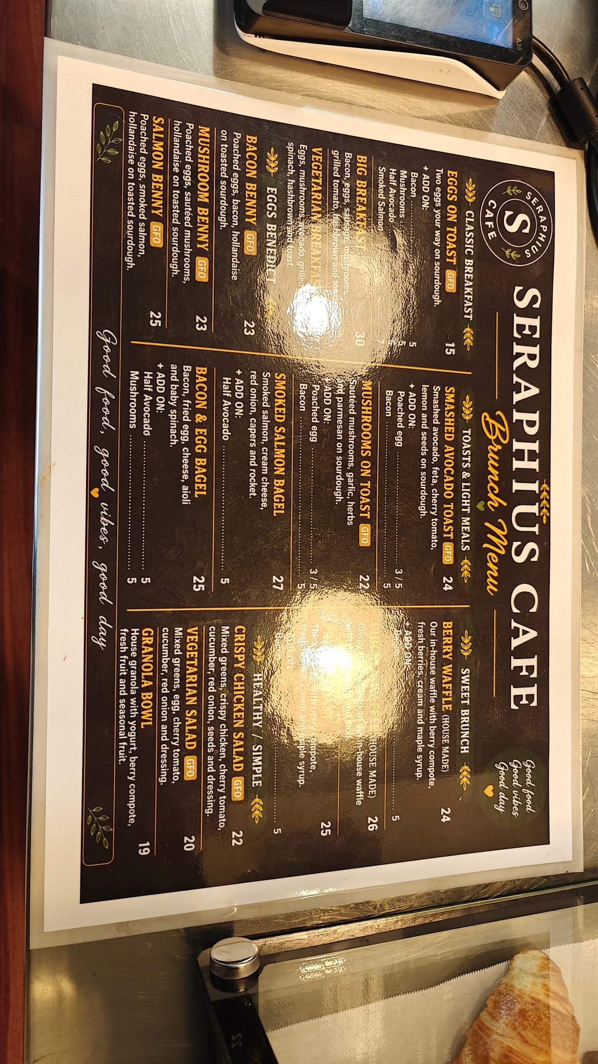 Framed Seraphius Cafe brunch menu