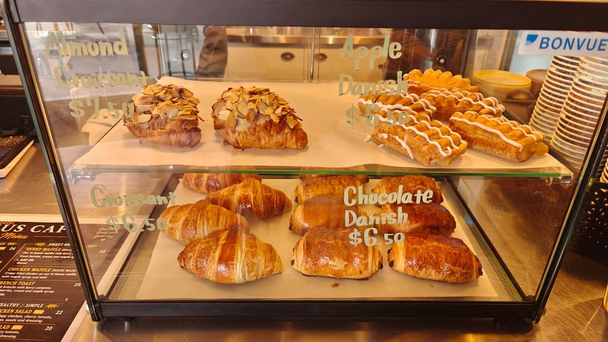 Fresh croissants in the pastry cabinet