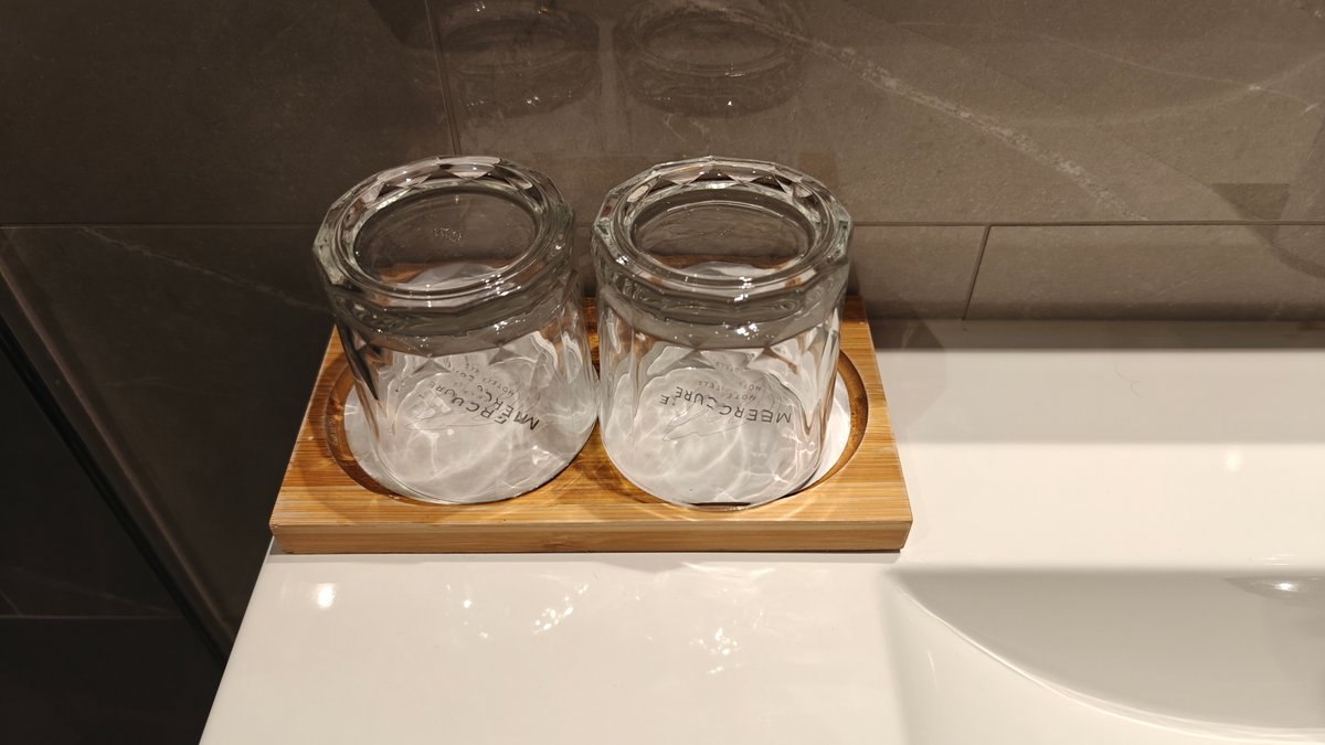 Glass tumblers on timber tray