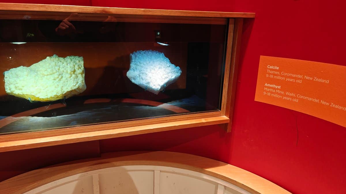 Glowing minerals lit in a darkened case
