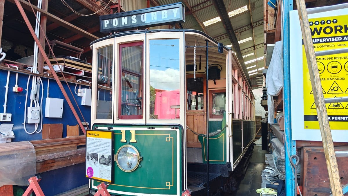 Green Ponsonby tram in the barn