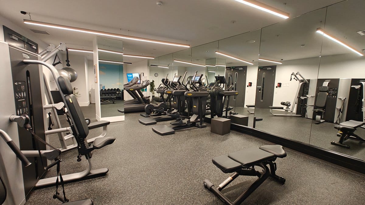 Gym machines along the mirrored wall