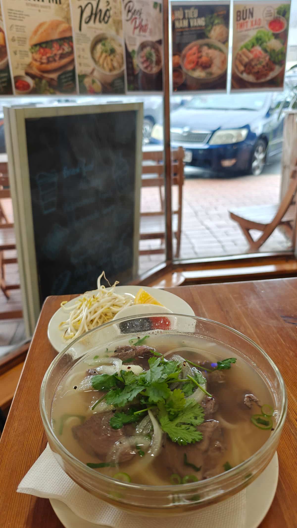 Herb-topped noodle soup bowl