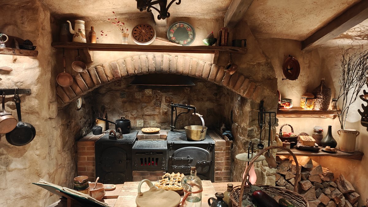 Hobbit kitchen with black range