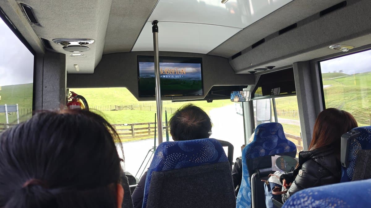 Inside the bus looking forward at the screen