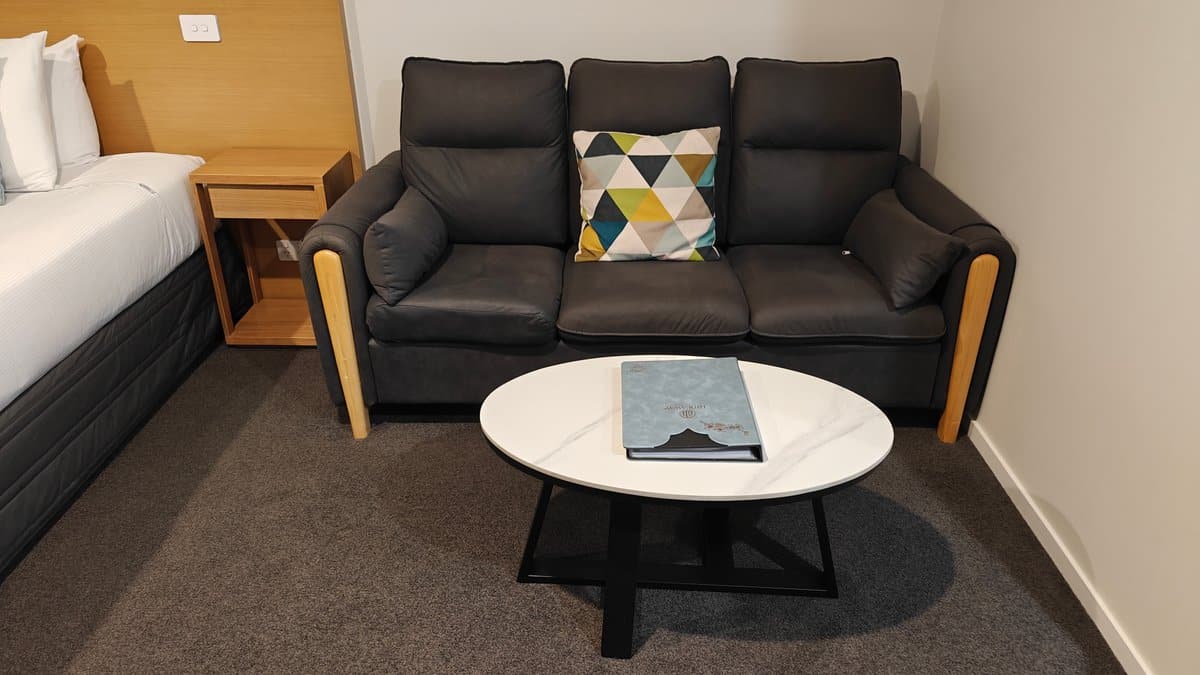 Leather sofa and round coffee table