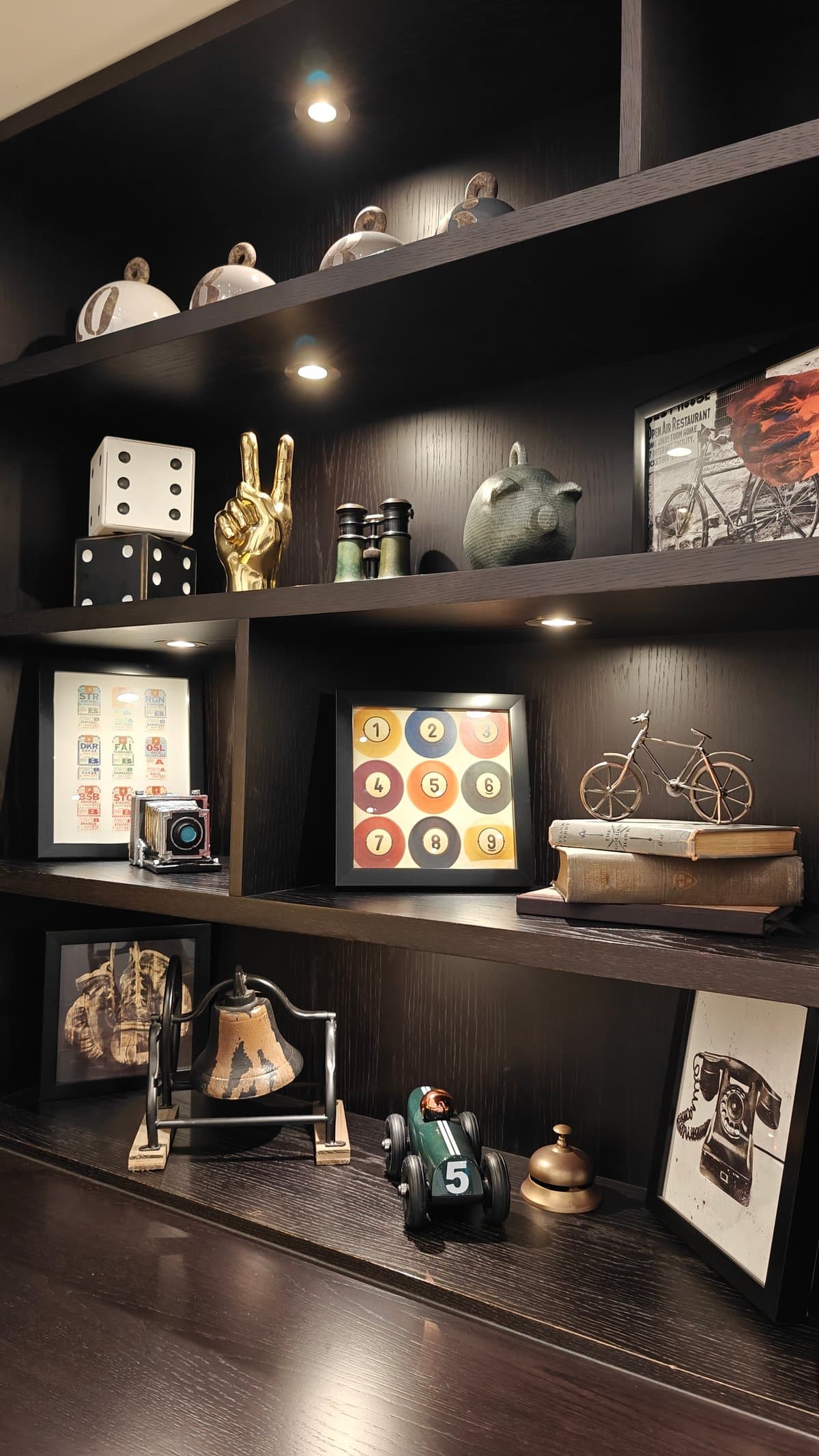 Lobby shelves with books and ornaments