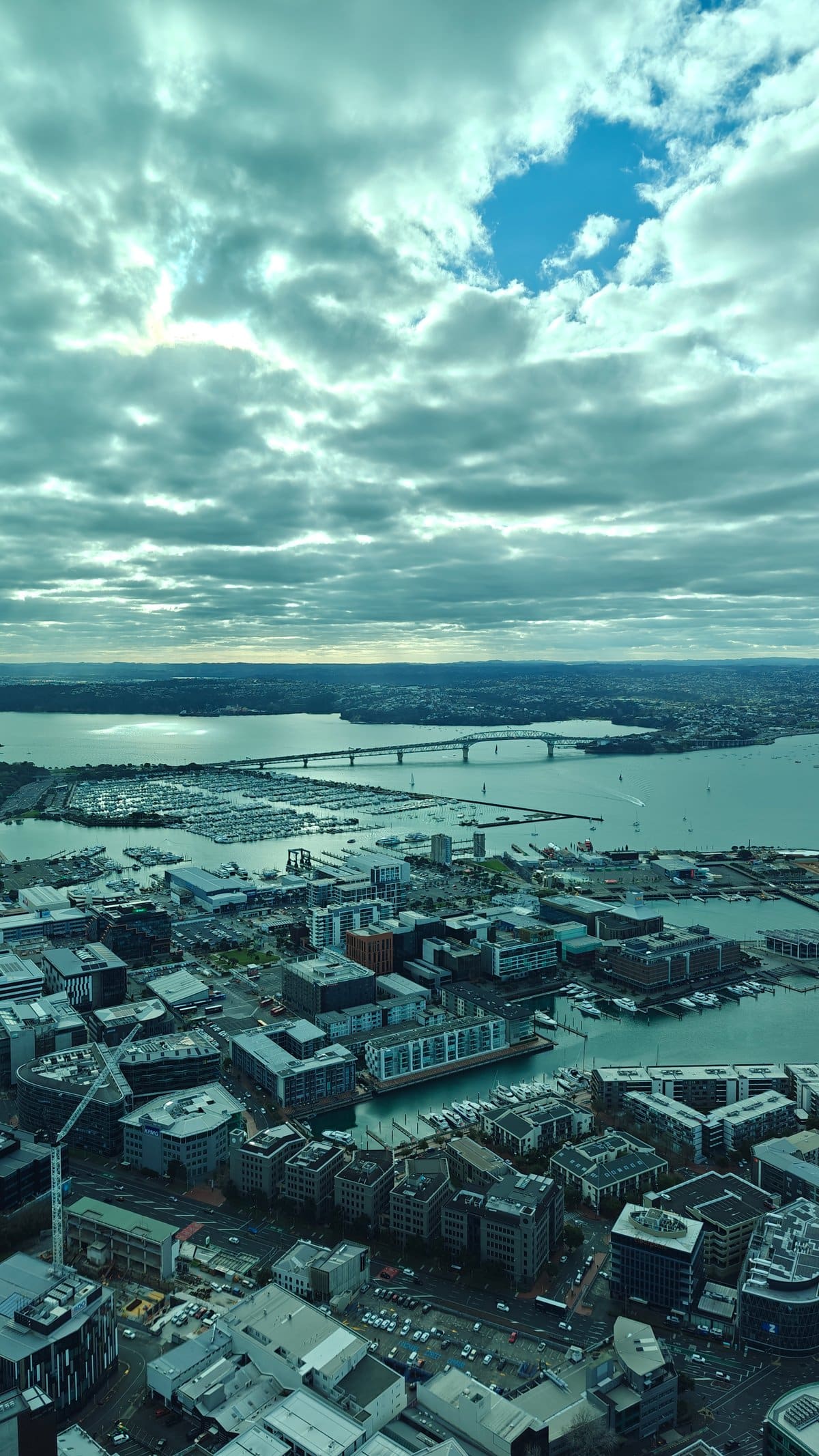 Looking down at the city blocks and the