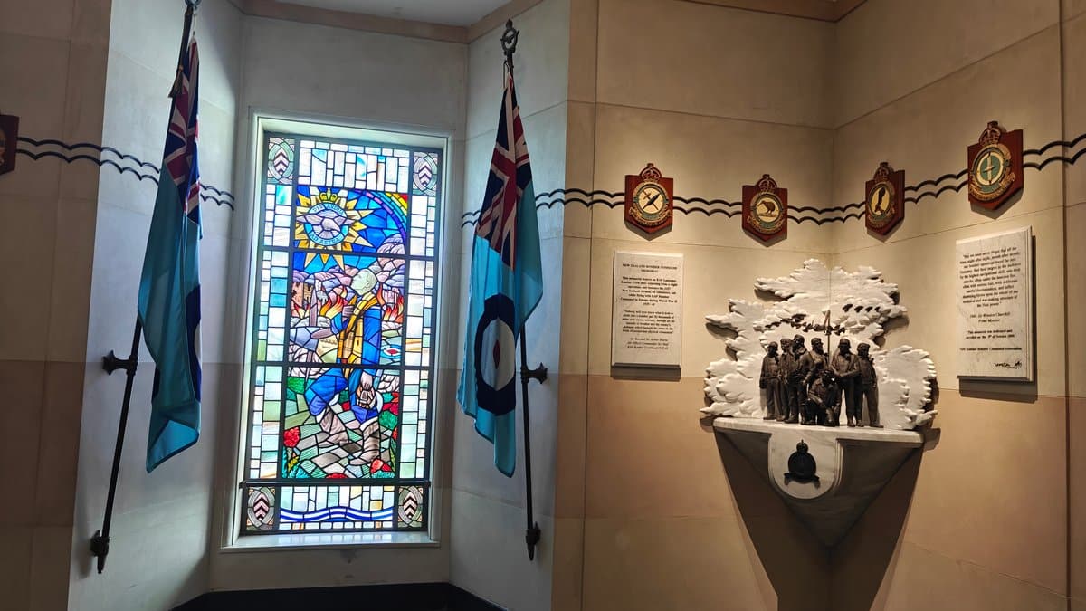 Memorial chapel with flags and stained glass