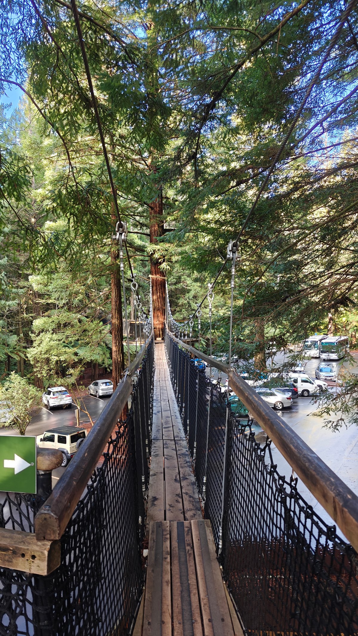 Mesh-sided suspension bridge ahead