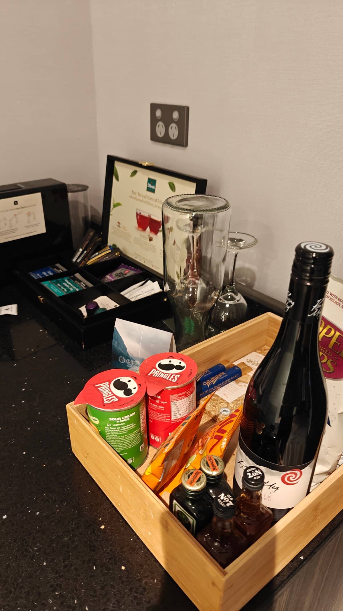 Minibar counter with wine bottle
