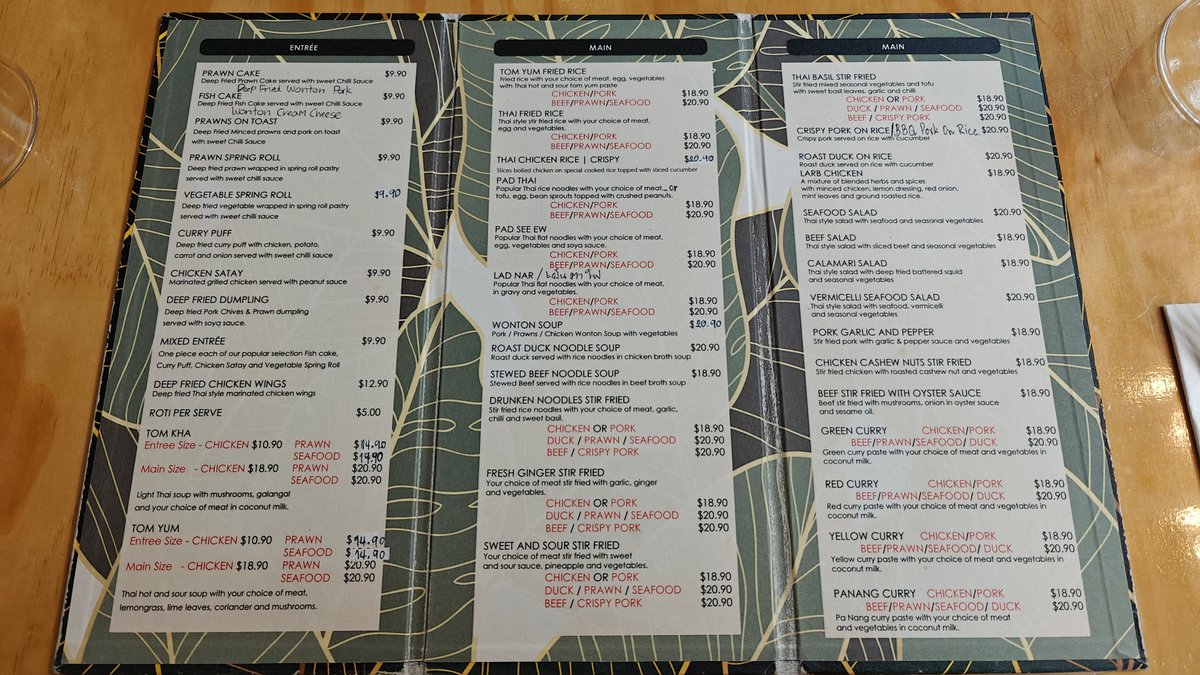 Open menu with Thai entrees