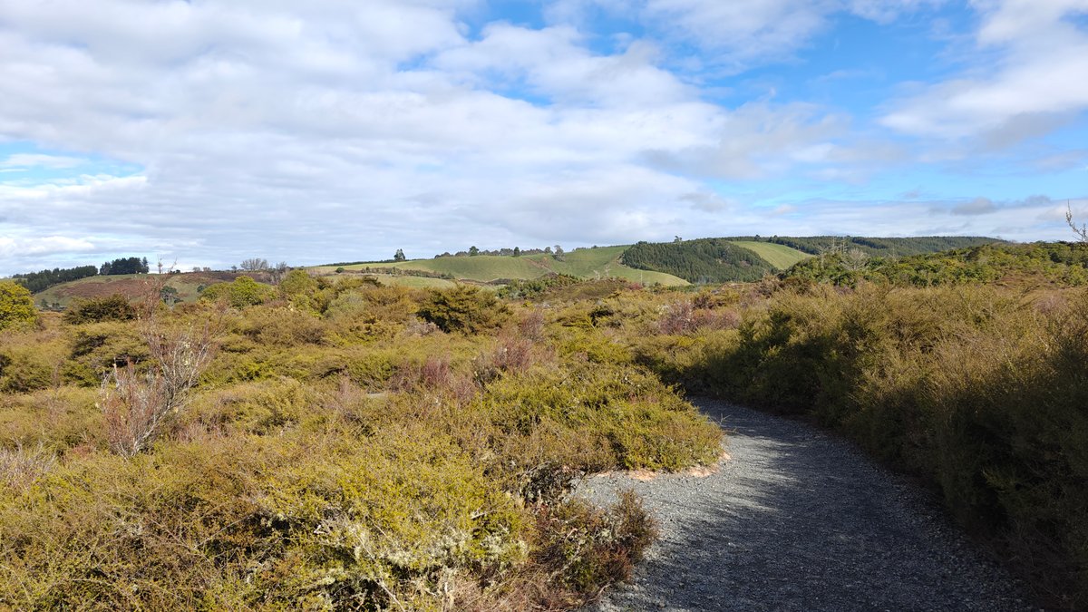 Open scrubland and distant green hills