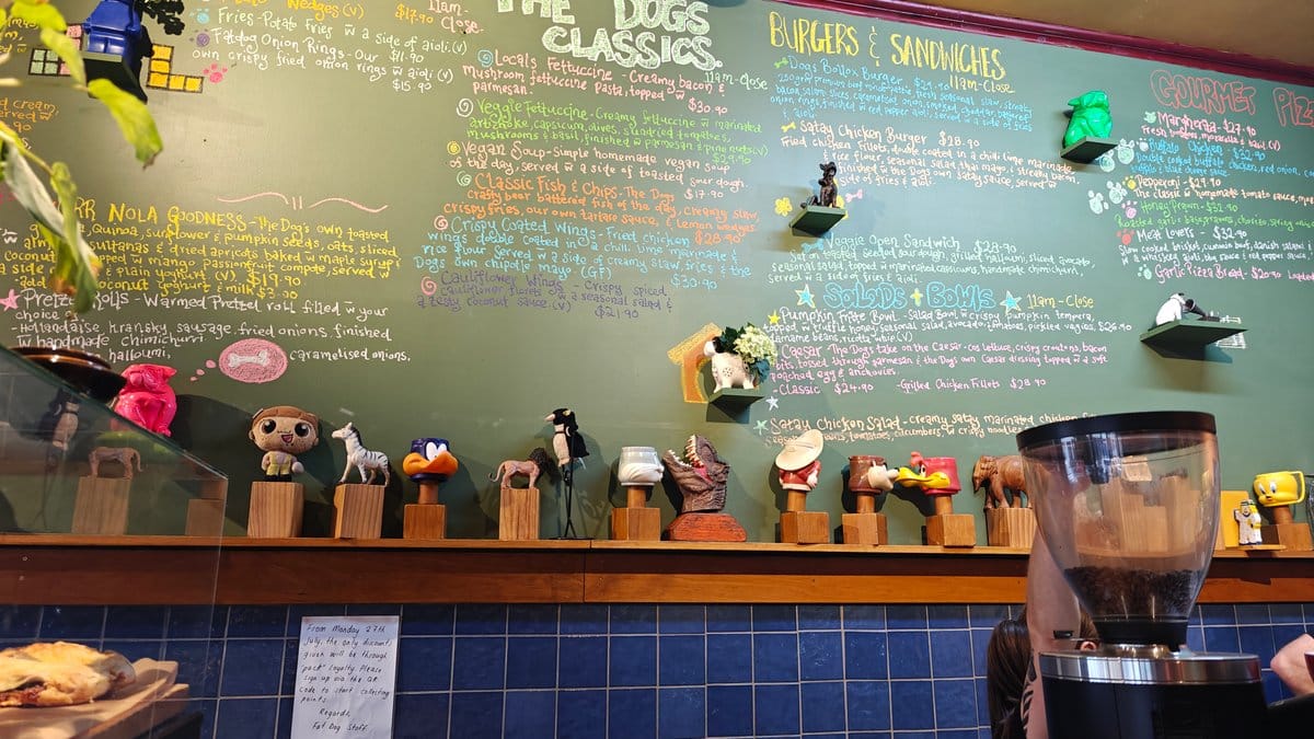 Painted figurines lining the counter
