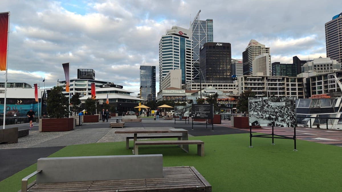 Plaza benches and CBD towers