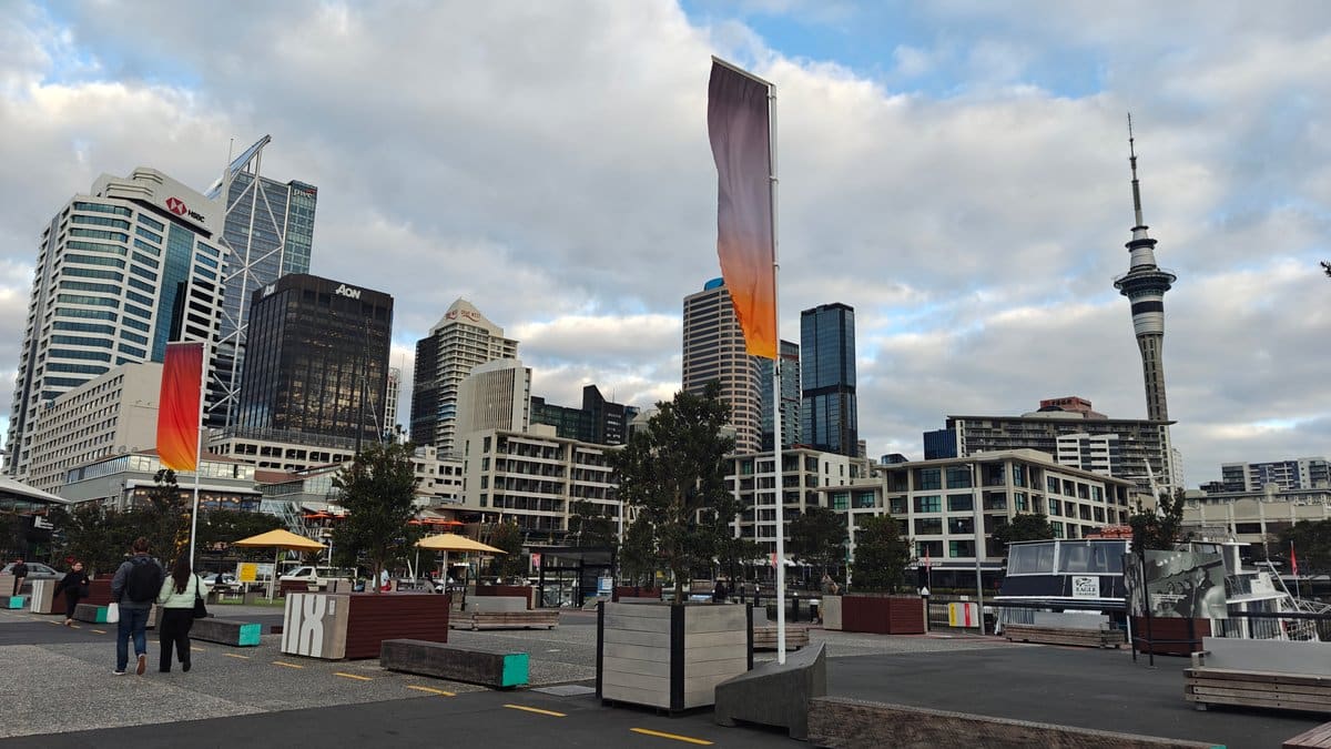 Plaza lawn with Sky Tower skyline