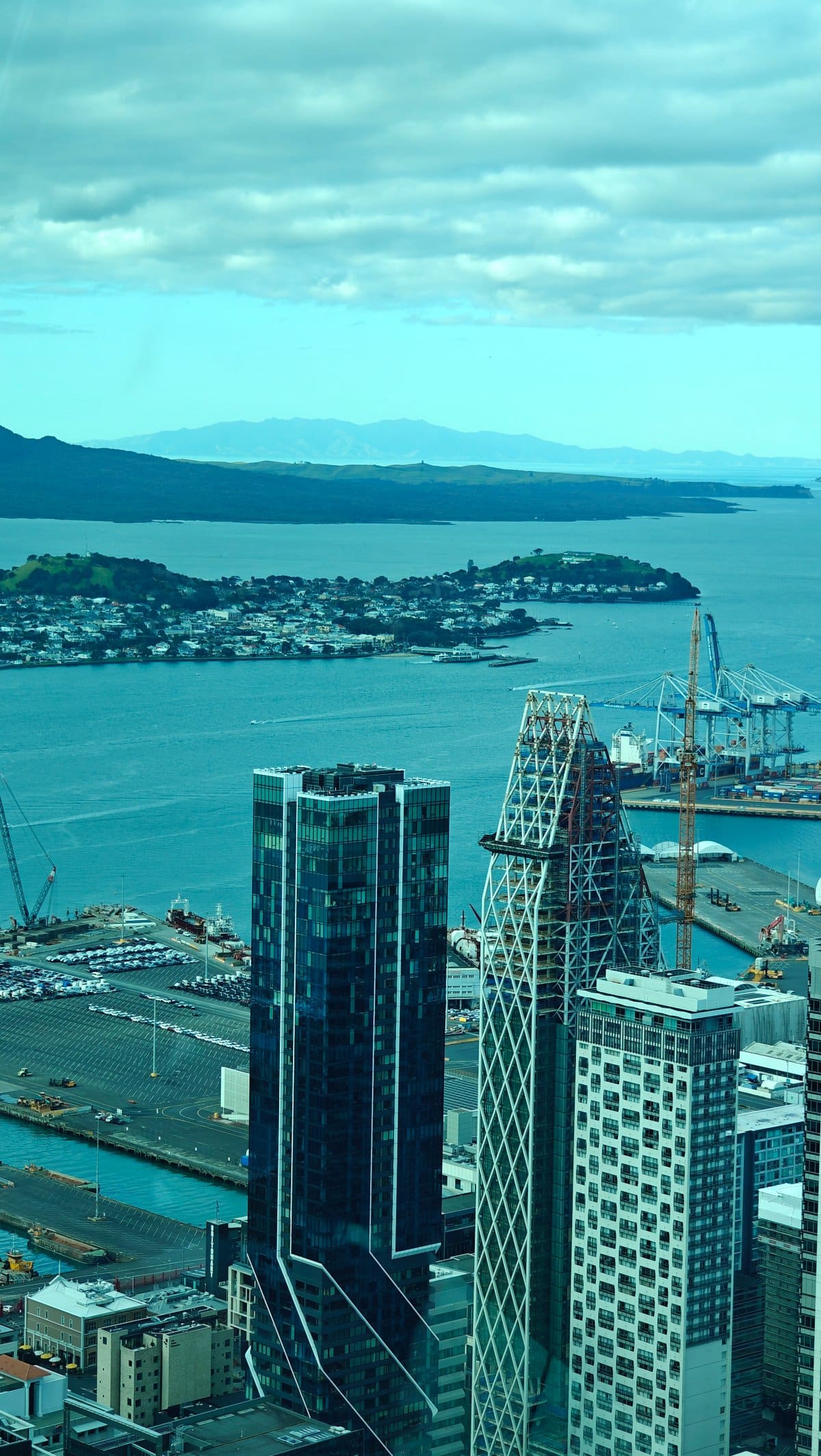 Rangitoto seen over new towers still under construction.