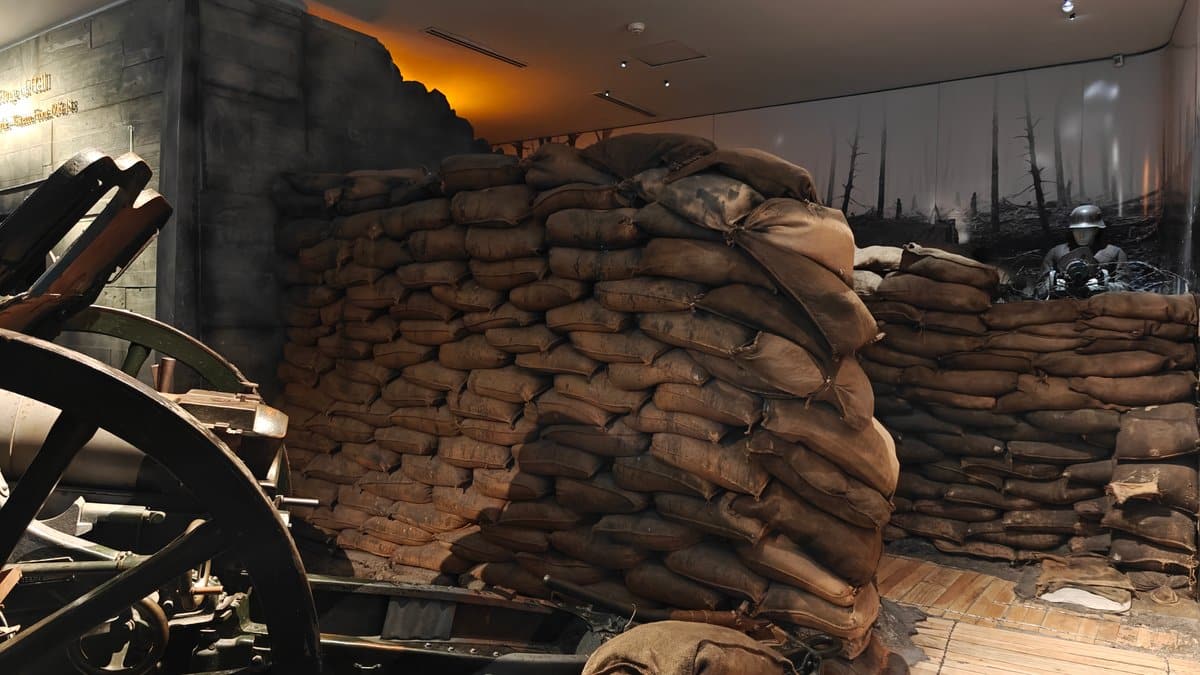 Recreated trench with sandbags and duckboards