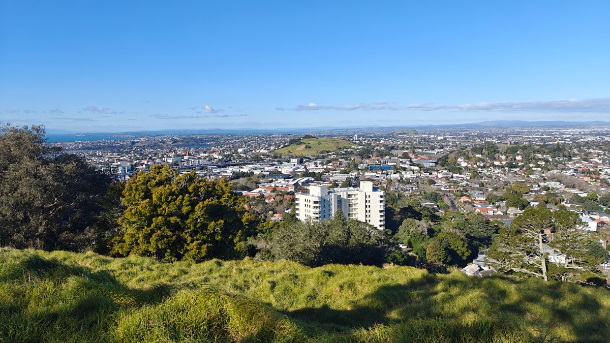 Rooftops and apartment blocks below the maunga.