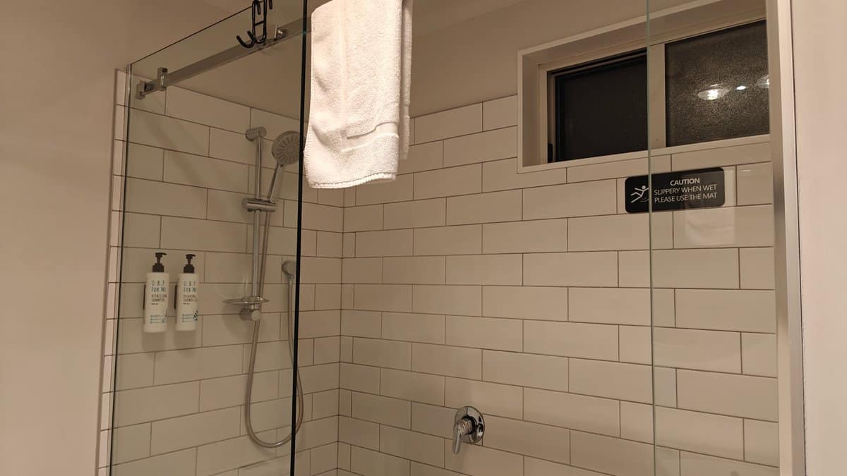 Shower with towels and dispensers
