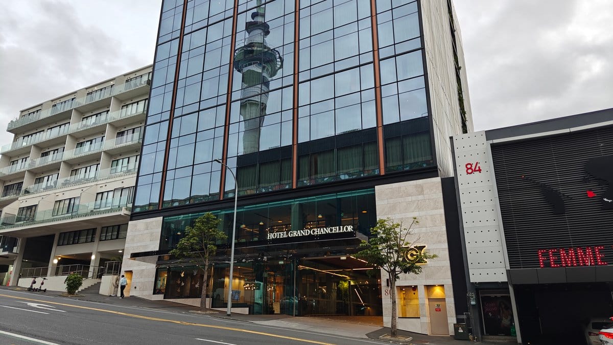 Sky Tower reflected in glass