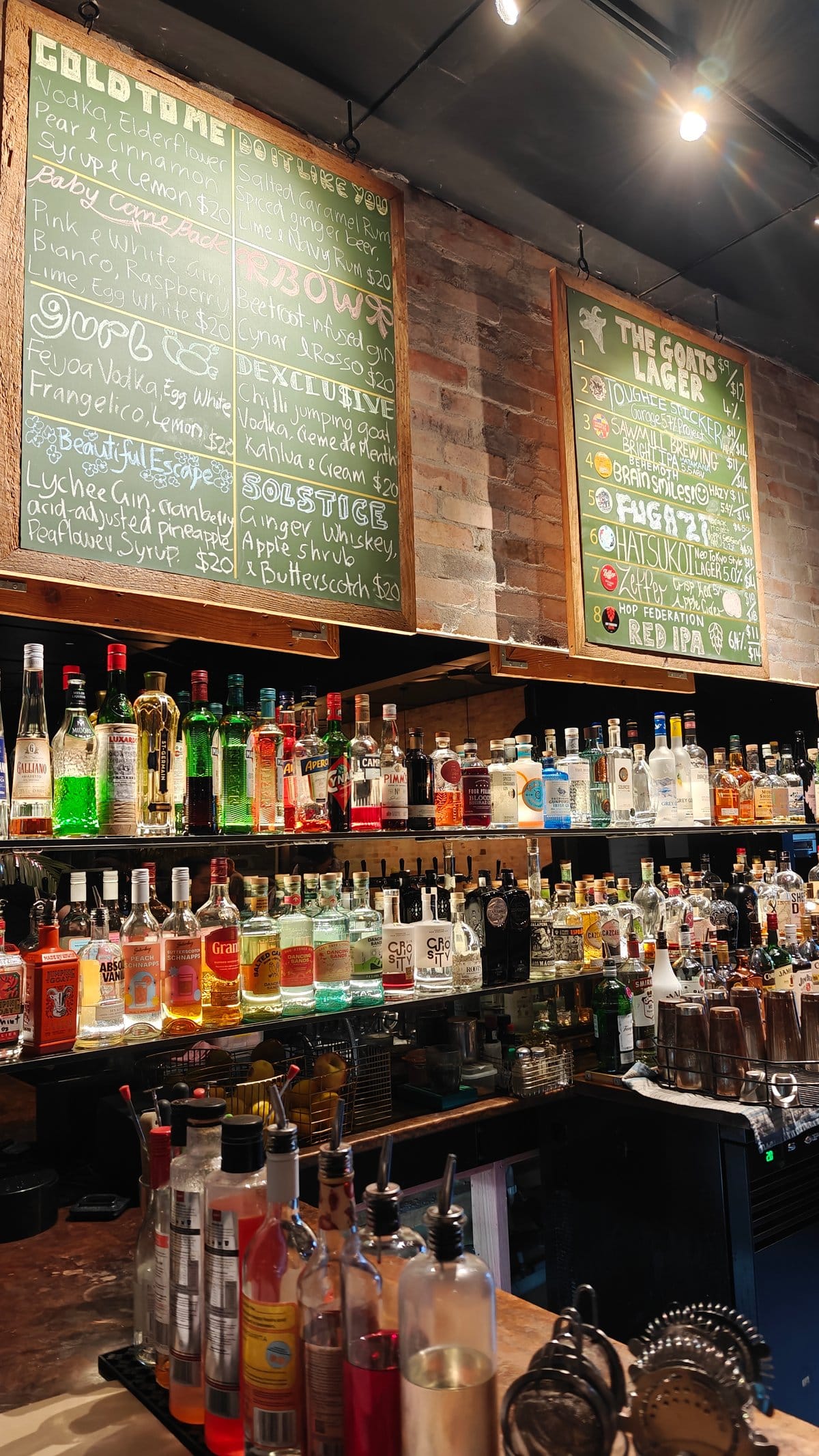 Spirits lined up at the bar