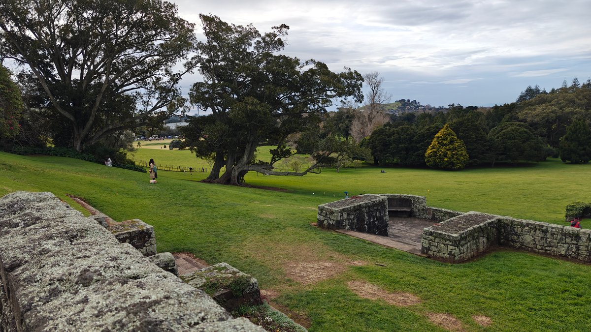 Stone terraces and walking visitor