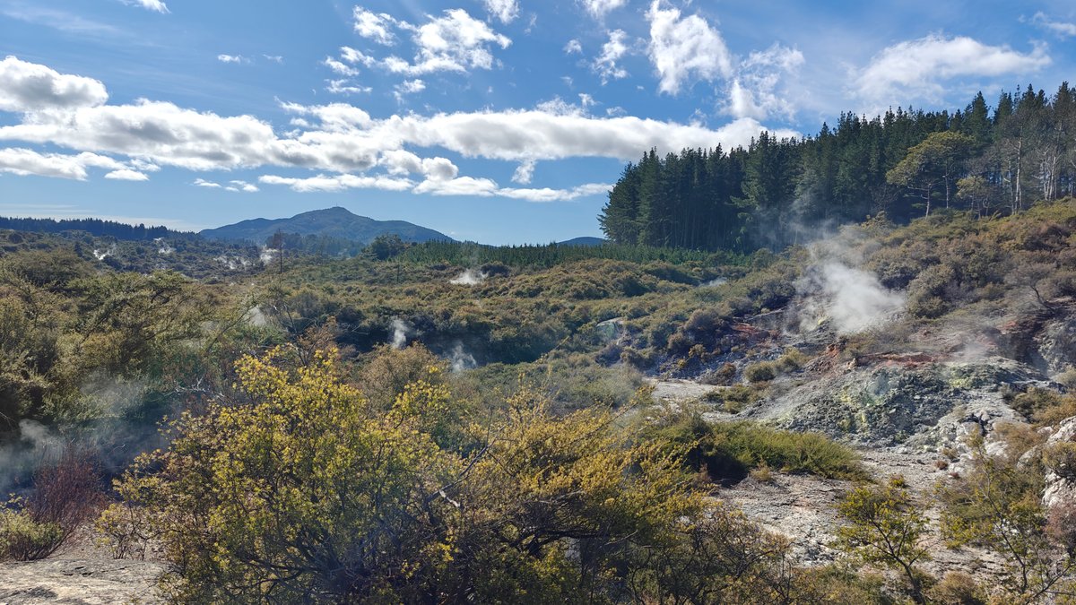 The crater field with steam and the distant