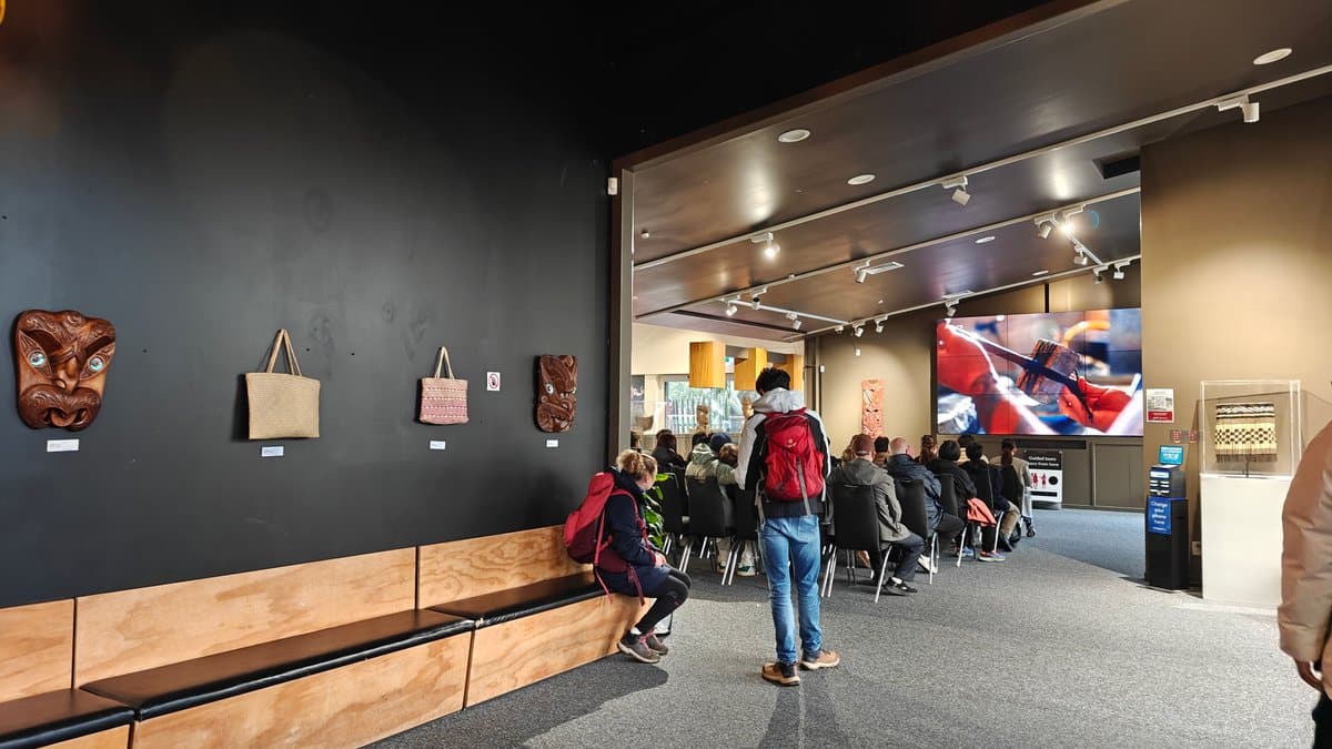 The entrance foyer with exhibits along the wall