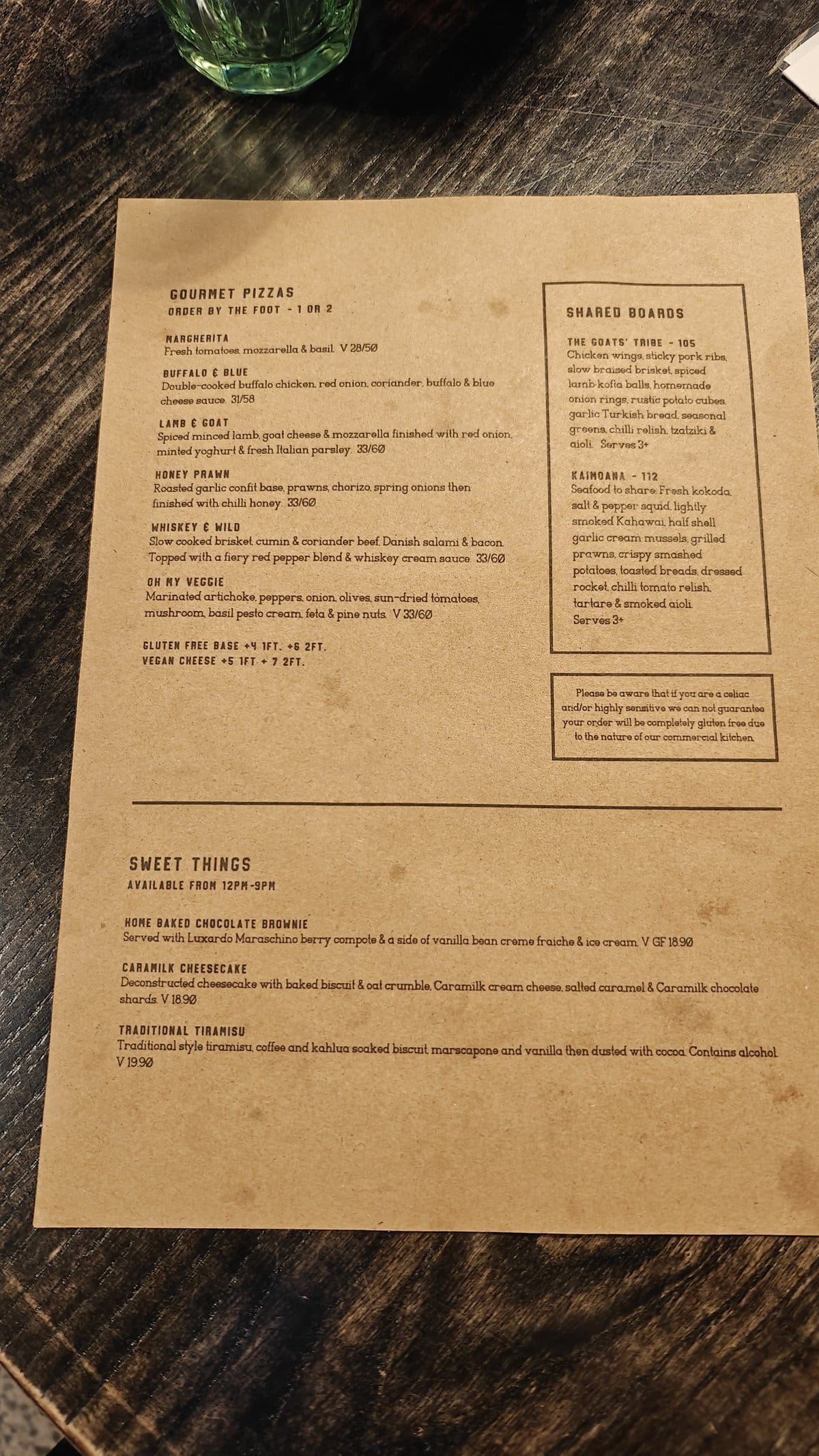 The food menu — gourmet pizzas ordered by