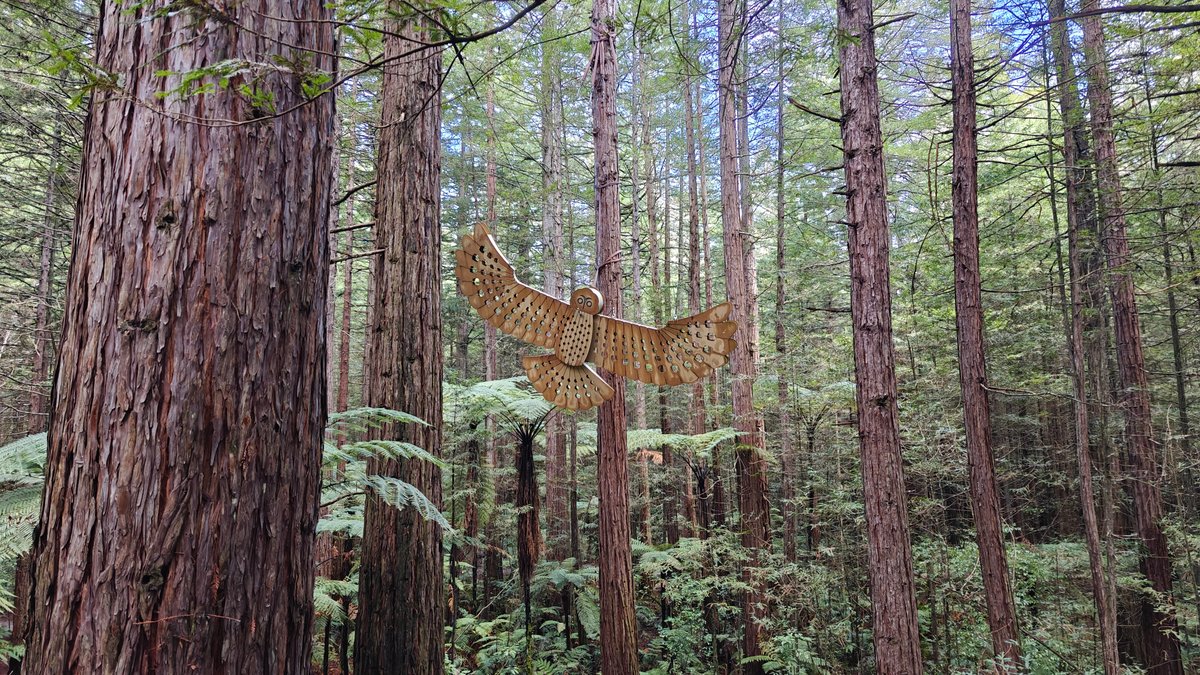 The forest with a carved bird sculpture hung