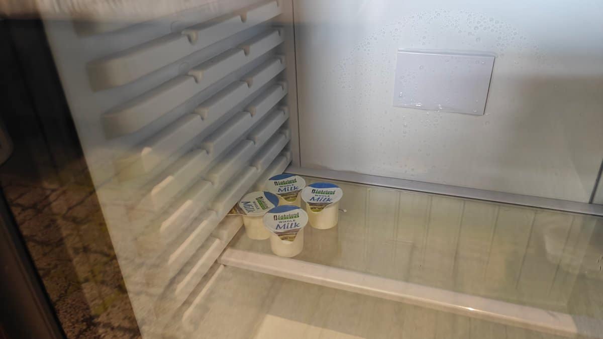 The fridge open with yoghurt pots on the