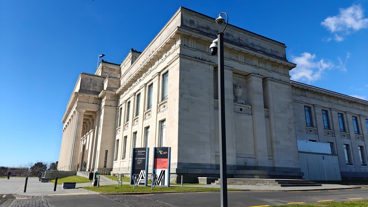 The museum from the side with exhibition banners