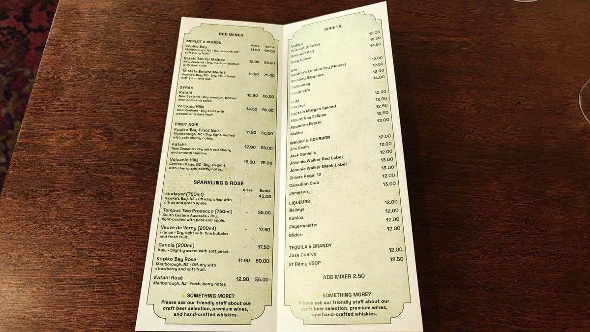 The reverse of the drinks menu, photographed upside