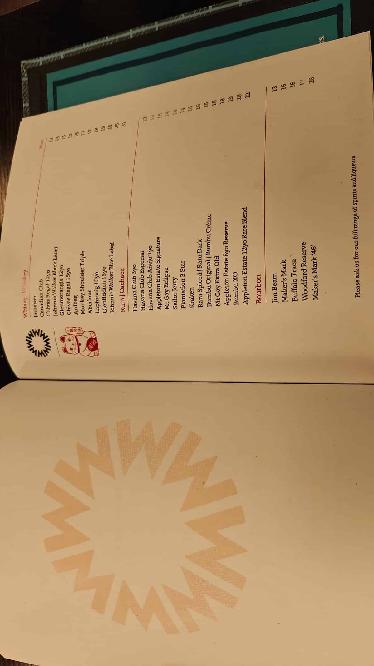 The spirits page — a long whisky list