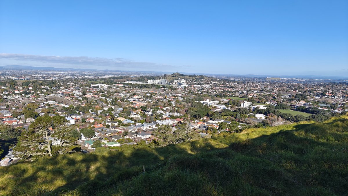 The suburbs spreading away under a clear sky.