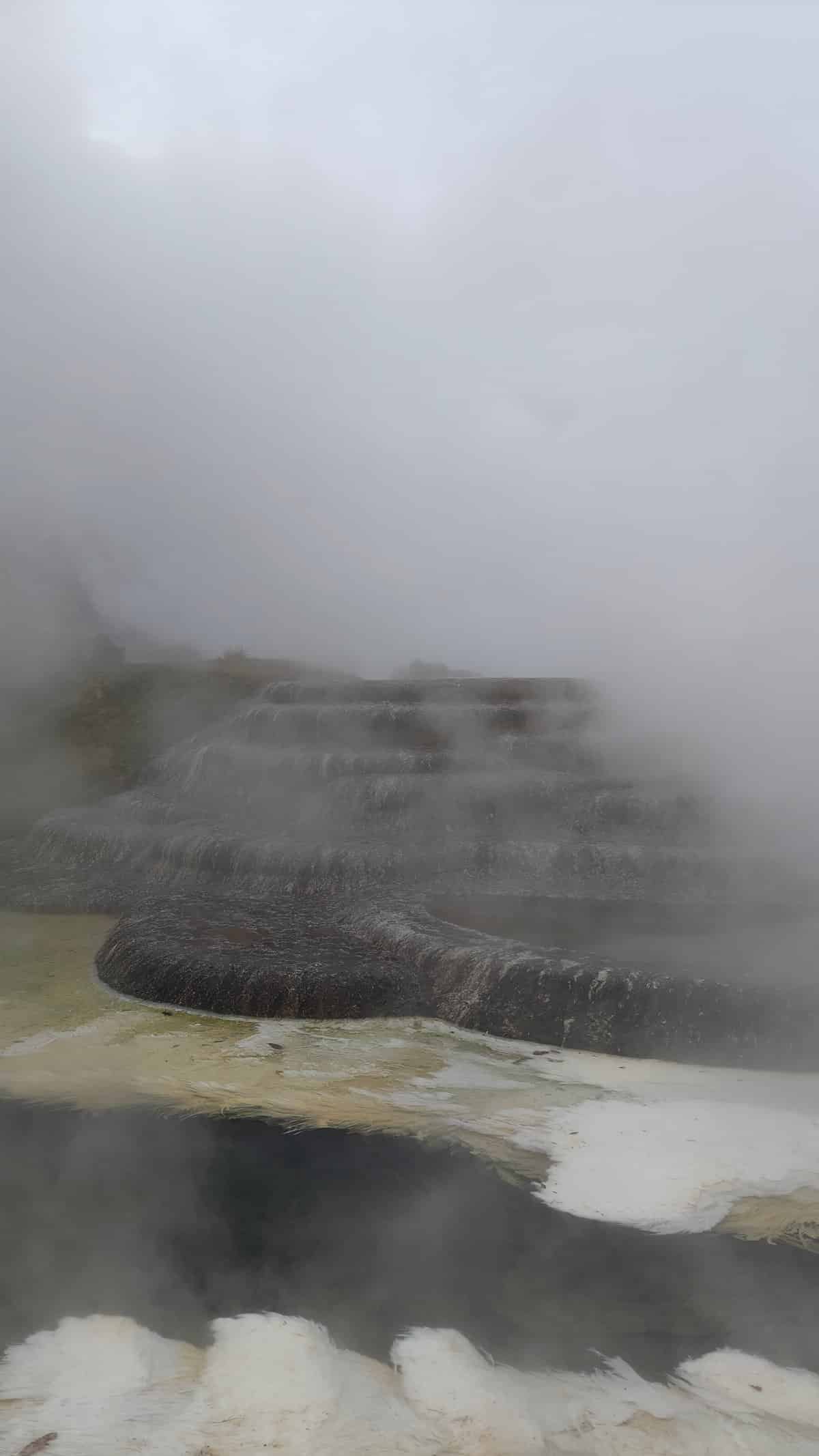 The terraces showing through the drifting steam.