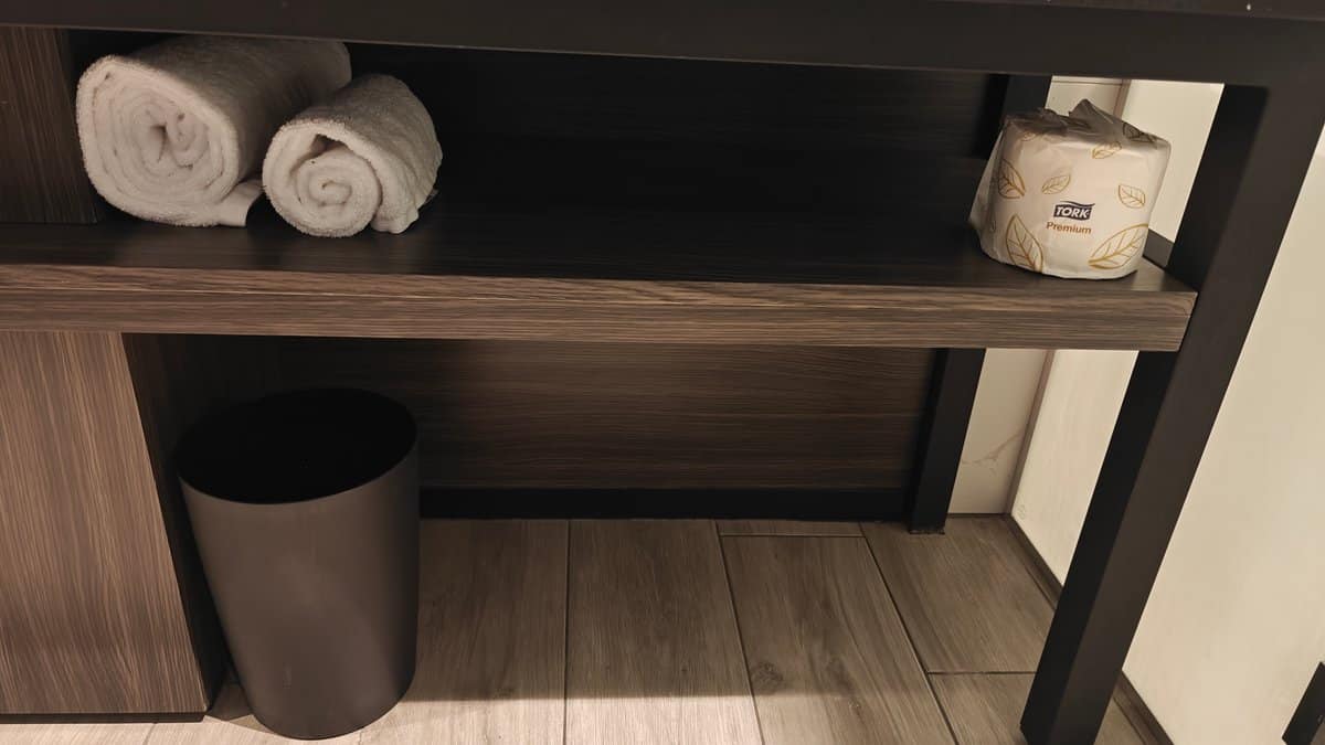 The vanity shelving with towels above and the