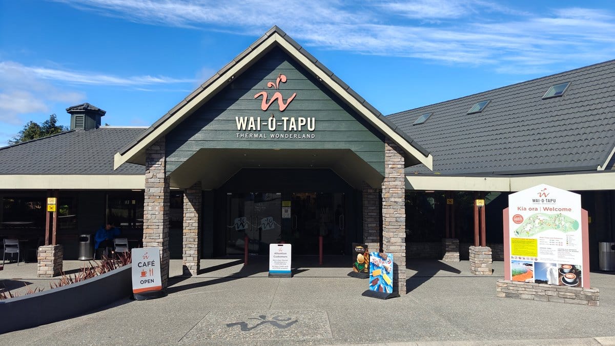 The WAI-O-TAPU entrance building with its stone-clad gable