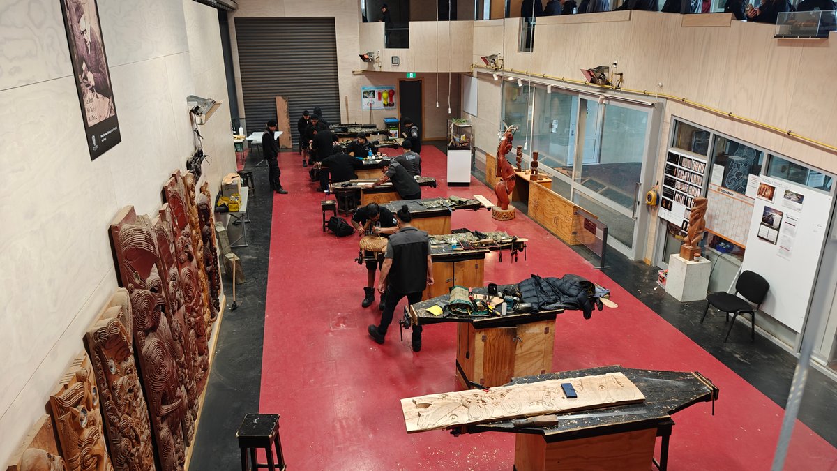 The wood carving workshop with benches down its