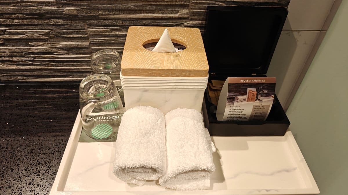 Towels and amenity tray on vanity