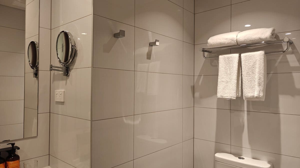 Towels on the rail with the shower recess