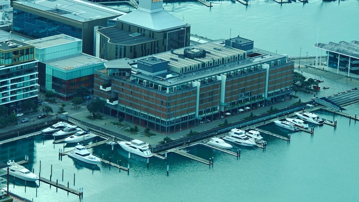 Viaduct buildings and marina overhead