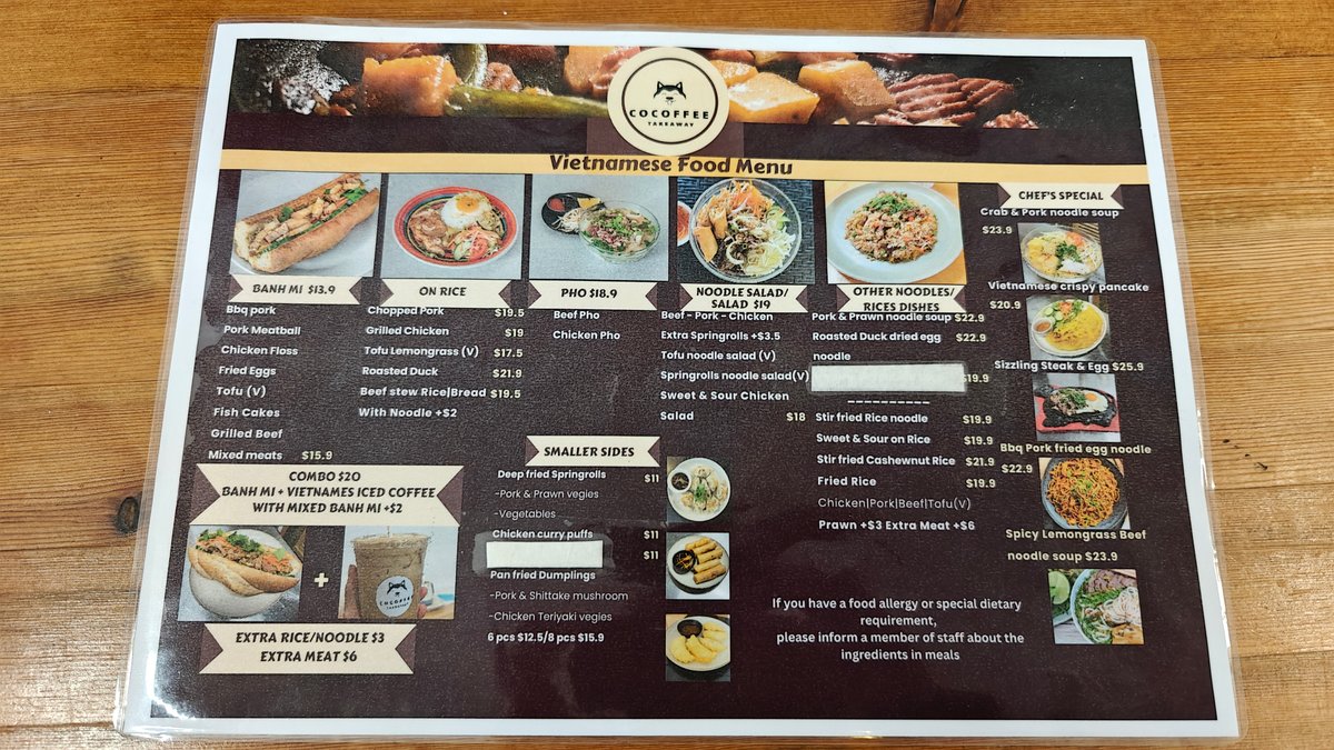 Vietnamese food menu sheet