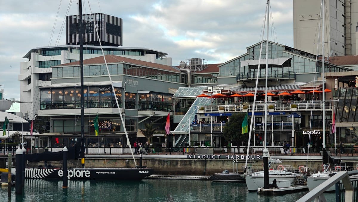 Waterfront terraces and harbour sign