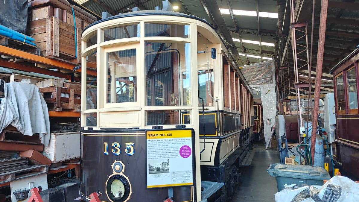 Wellington tram 135 in barn