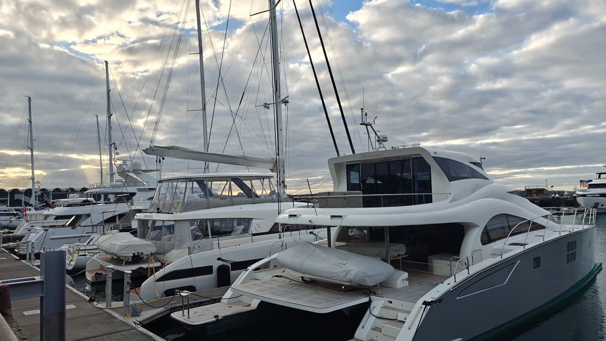 White power catamaran at the quay